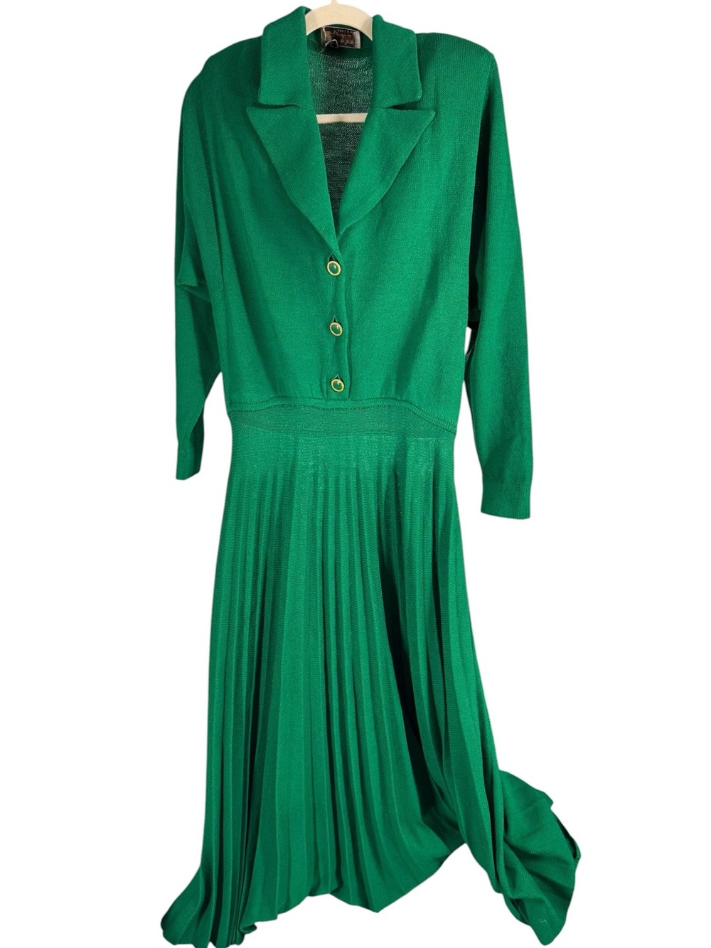 Vintage St John Kelly green 1980s pleated dress shirtwaist 12 - Picture 2 of 9